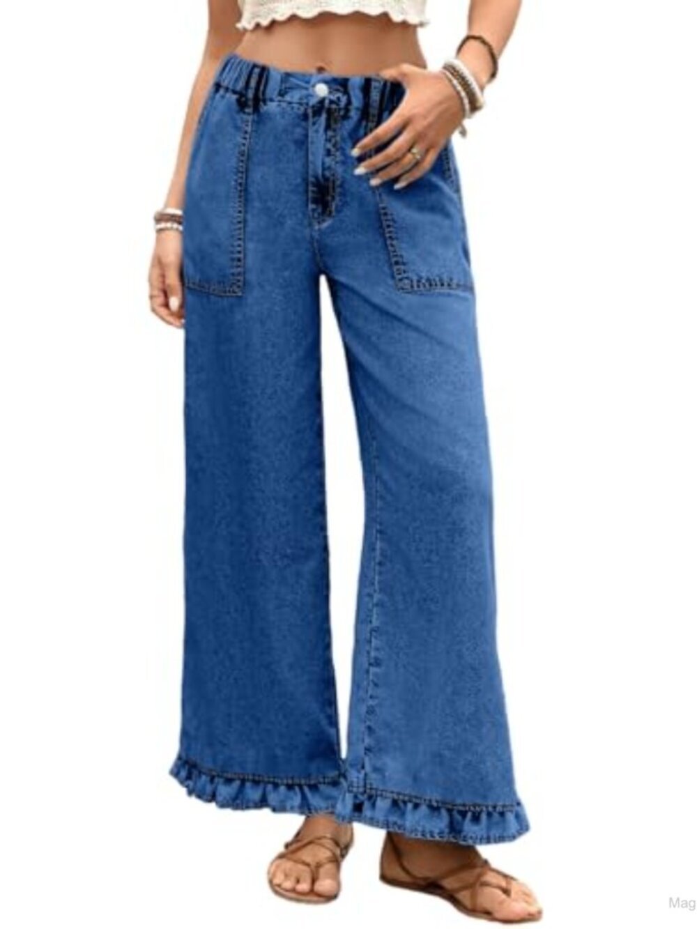 Wide Leg Jeans Women Ruffle Hem High Waisted Elastic Denim Pants